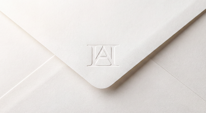 An ivory envelope blind-embossed with the AFTERHOURS monogram on its flap